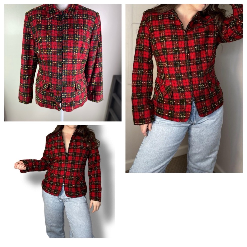 Sag Harbor women vintage full zip plaid lined knit blazer Sz 12 pockets red